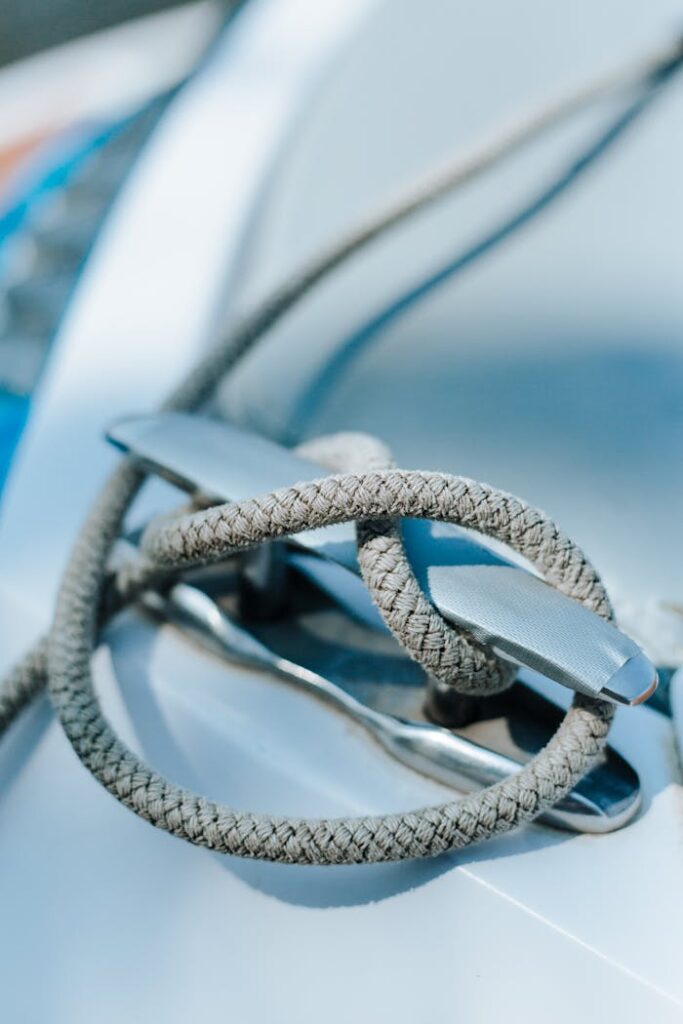 Detailed view of a rope knot secured on a boat cleat, ideal for boating themes.